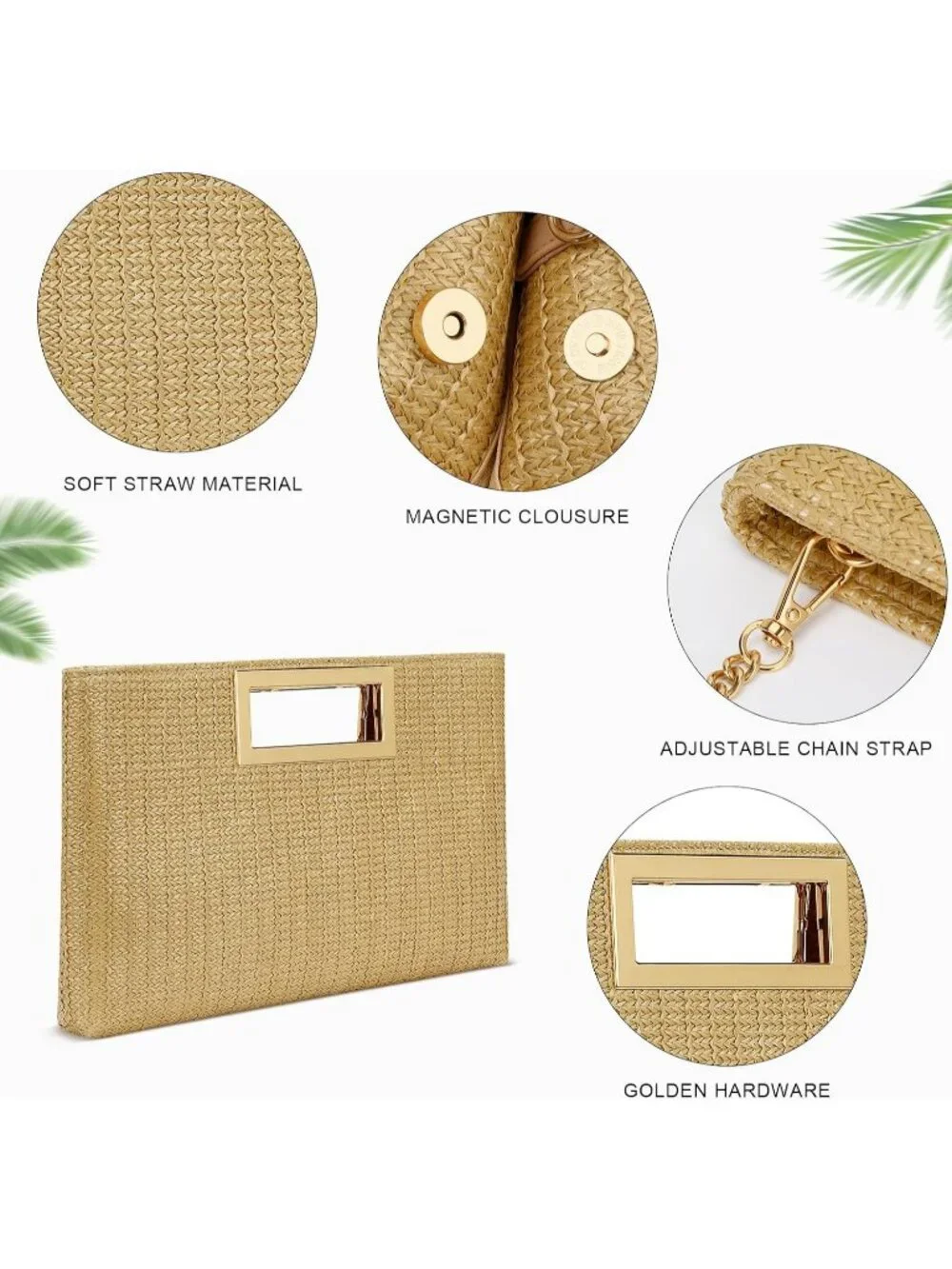 Women's Khaki Clutch Purse Gold Chain Strap Handle Handbag Wedding Evening Bag